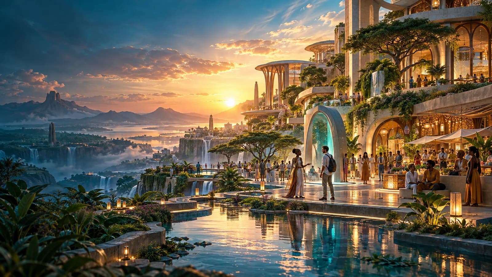 Genesis vision concept showing a civic square and digital citizens in a green dawn city