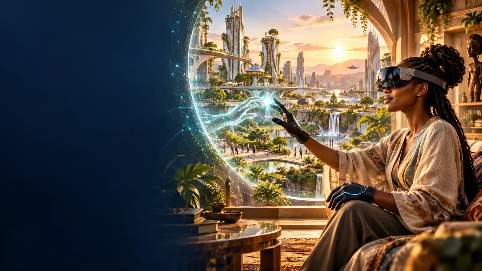 Future concept of a human using external interfaces to meet a digital counterpart in Genesis